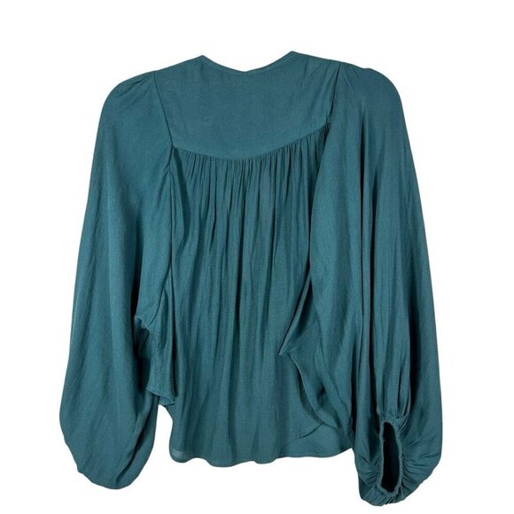 Free People Draped Cowl Neck Poet Blouse Top Silky Flowy Blue Boho Romantic XS - Picture 2 of 7